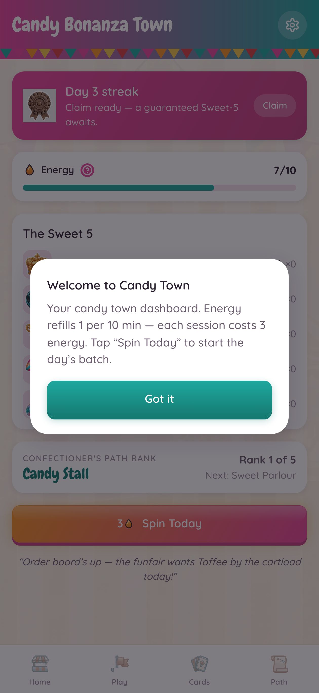 Home &mdash; energy bar, Sweet 5 row, daily streak